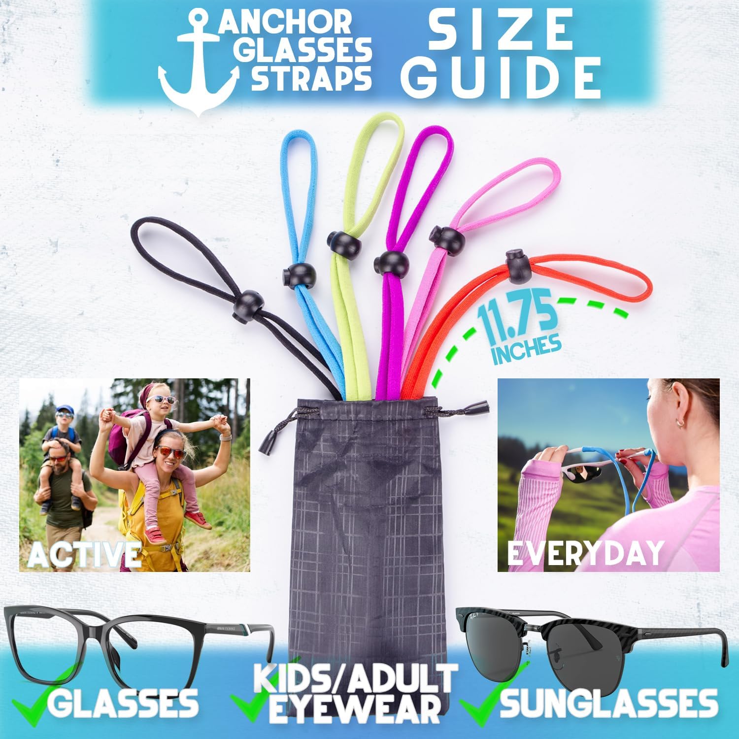 Anchor Sunglasses Straps 6-Pack Adjustable Sports Glasses Strap for Kids and Adults