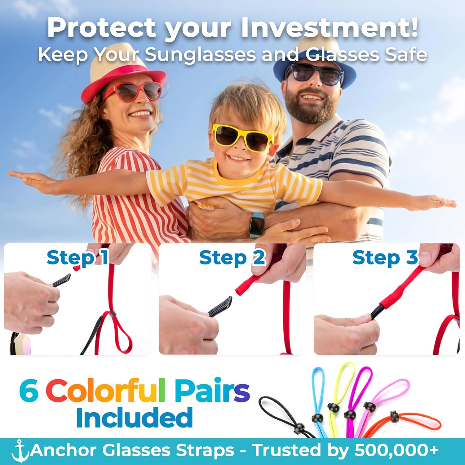 Anchor Sunglasses Straps 6-Pack Adjustable Sports Glasses Strap for Kids and Adults